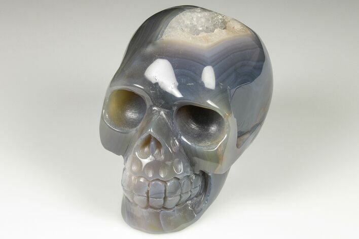 Polished Banded Agate Skull with Quartz Crystal Pocket #190460